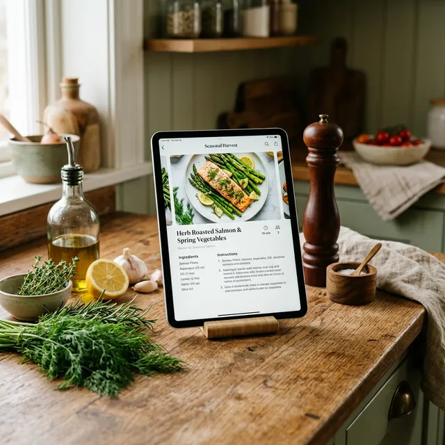 Modern tablet displaying a recipe interface surrounded by fresh ingredients
