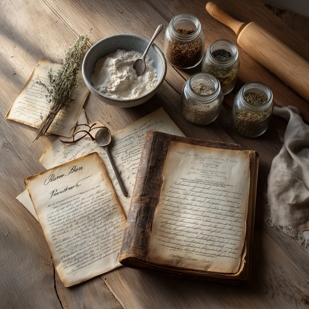 Handwritten family recipe cards scattered on a table
