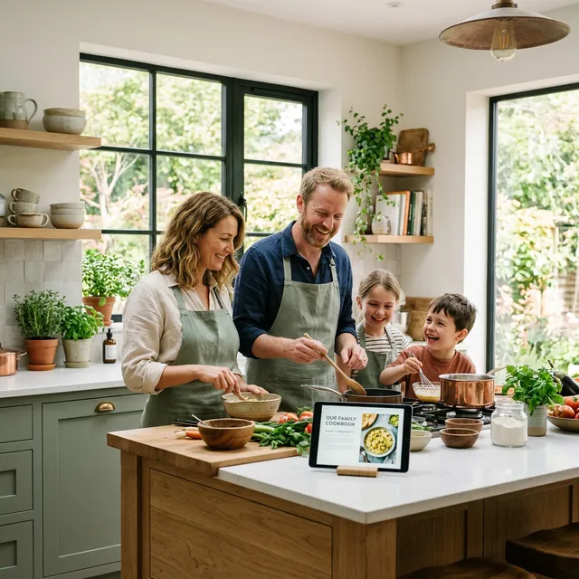 Family cooking and laughing together in a warm kitchen